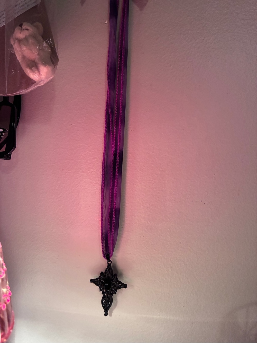 Purple Ribbon Necklace with Black Ornate Cross Pendant